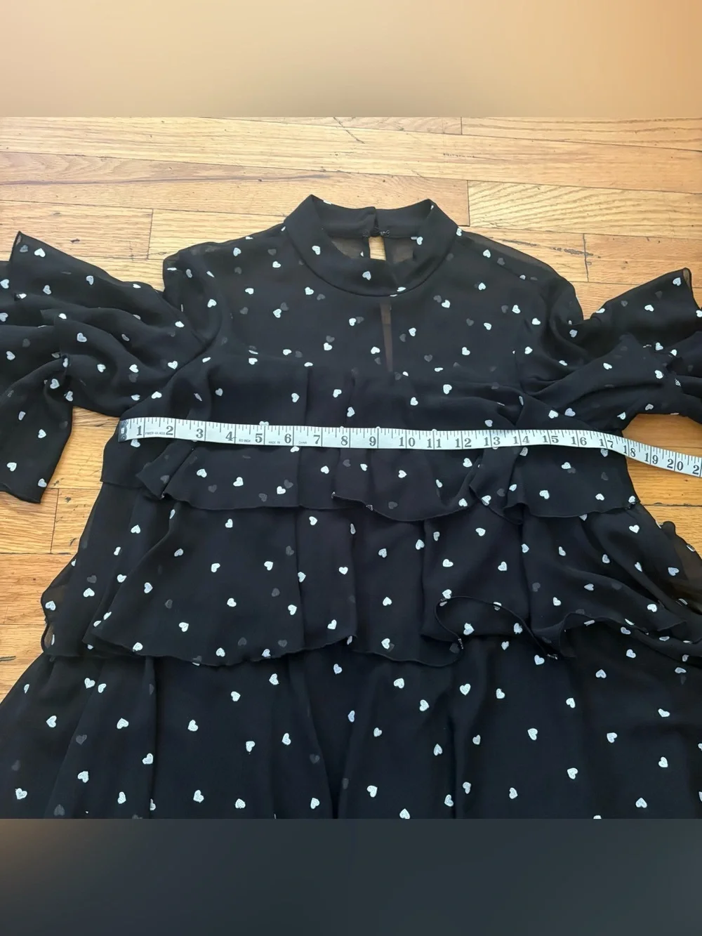 Kate Spade Heart Print Tiered Ruffle Dress Sheer Overlay Bell Sleeve Size 2